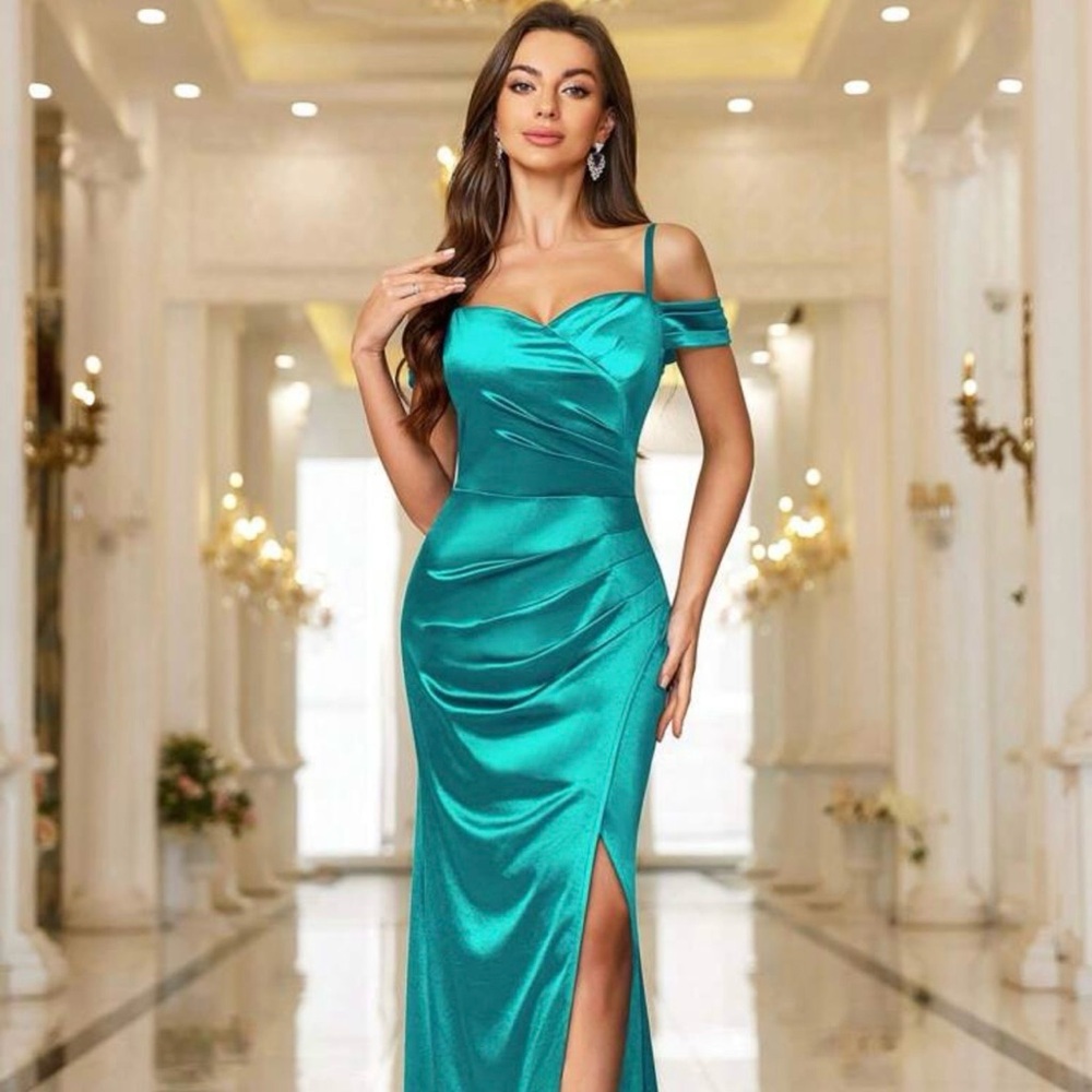 Teal Satin Off-Shoulder Evening Dress